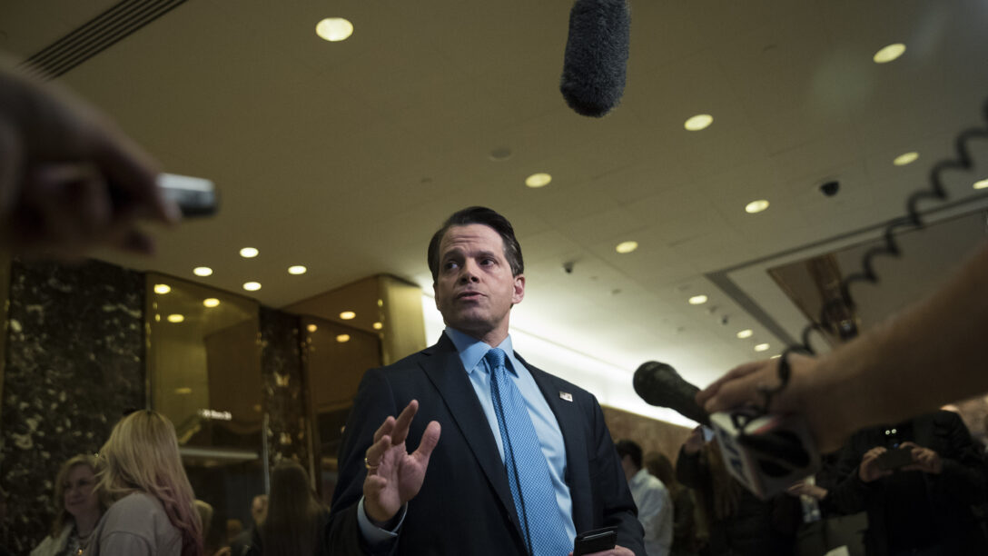 Anthony Scaramucci speaks to reporters at the lobby of Trump Tower