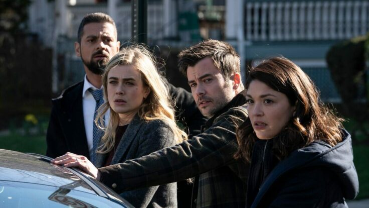 J.R. Ramirez as Jared Vazquez, Melissa Roxburgh as Michaela Stone, Matt Long as Zeke Landon, Ellen Tamaki as Drea Mikami in a scene from Manifest episode 313
