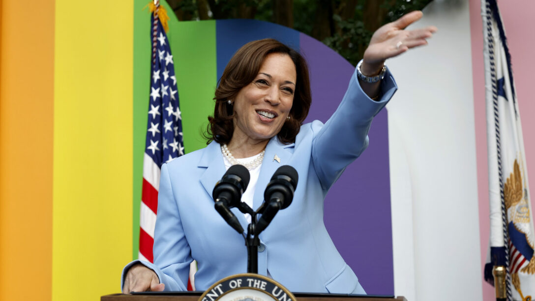 WASHINGTON, DC - JUNE 28: Vice President Kamala Harris speaks onstage during a Pride Celebration hosted by the Vice President Of The United States and Mr. Emhoff in collaboration with GLAAD on June 28, 2023 in Washington, DC. (Photo by Tasos Katopodis/Getty Images for GLAAD)
